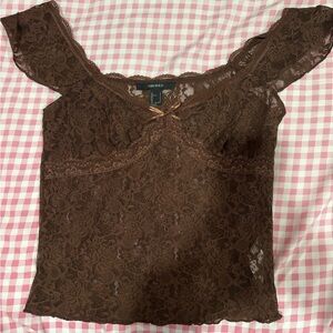 brown lace top with bow
